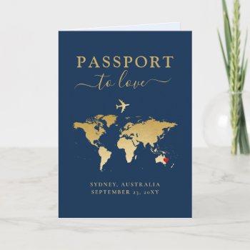 destination wedding passport blue gold map + heart invitation