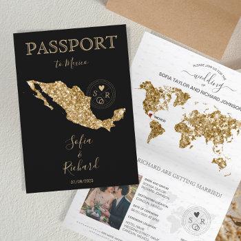 Small Destination Wedding Passport Gold World Map Mexico Front View