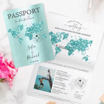 destination wedding passport world map aqua blue  invitation