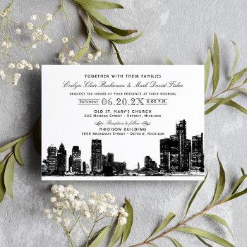 detroit skyline black art deco wedding invitation