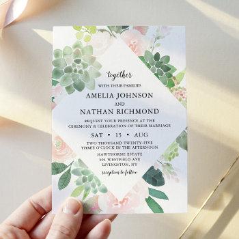 devon succulent & blush florals wedding invitation