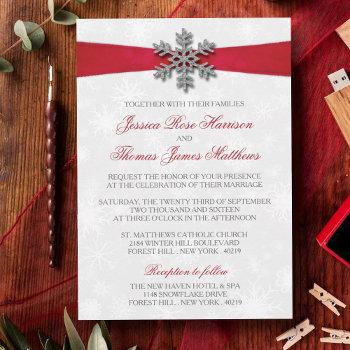 diamante snowflake & red ribbon winter wedding invitation