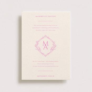 diamond monogram with flowers in pink wedding invitation