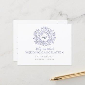 drawn leaf monogram wedding cancelation announcement postcard