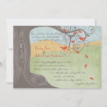 driftwood tree tangerine birds wedding invitations