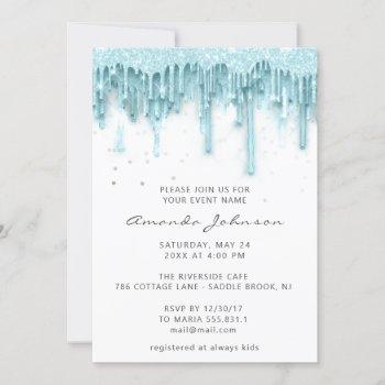 drips glitter bridal wedding white aqua invitation