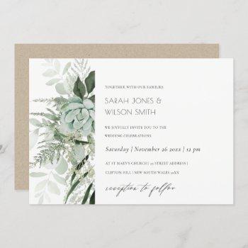 Small Dusky Green Leafy Fern Succulent Wedding Invite Front View