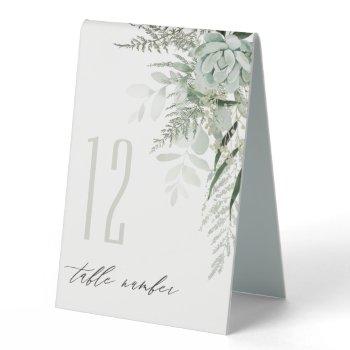Small Dusky Leafy Fern Succulent Wedding Table Number Table Tent Sign Front View