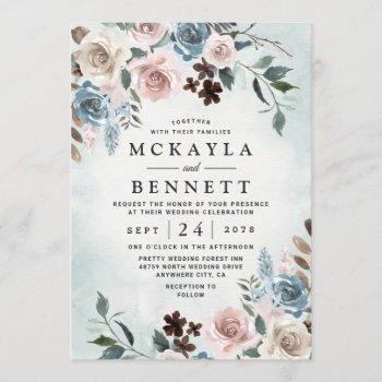 dusty blue and blush pink mauve floral wedding invitation
