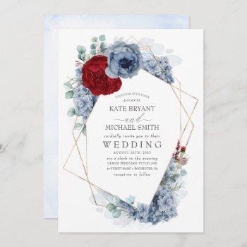 dusty blue and burgundy red floral elegant wedding invitation