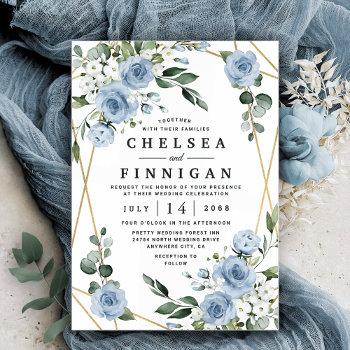 dusty blue and gold elegant floral rustic wedding invitation