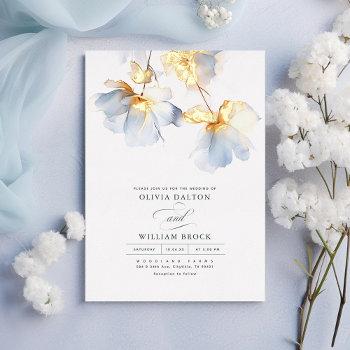dusty blue and gold flowers minimalist wedding foil invitation