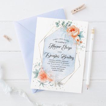dusty blue and living coral floral modern wedding invitation