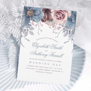 dusty blue and mauve watercolor floral wedding invitation