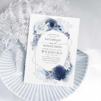 dusty blue and navy floral elegant silver wedding invitation