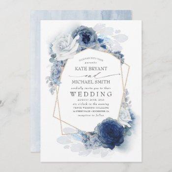 dusty blue and navy floral elegant wedding invitation