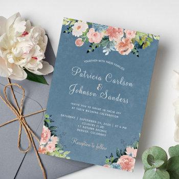 dusty blue and peach blush rustic floral wedding invitation