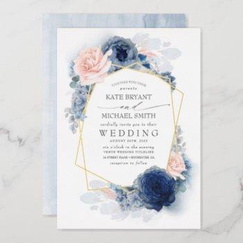 dusty blue and pink floral botanical wedding foil invitation