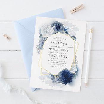 dusty blue and white floral botanical wedding foil invitation