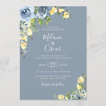 dusty blue and yellow botanical floral wedding invitation