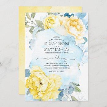 dusty blue and yellow floral wedding invitation