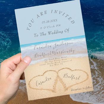 dusty blue beach wedding 2 hearts sand wedding   invitation