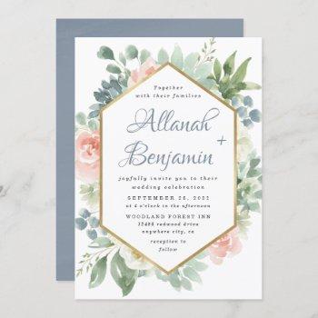 dusty blue blush succulent floral garden wedding invitation