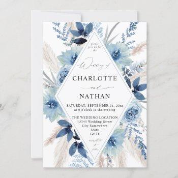 dusty blue boho floral wedding invitation