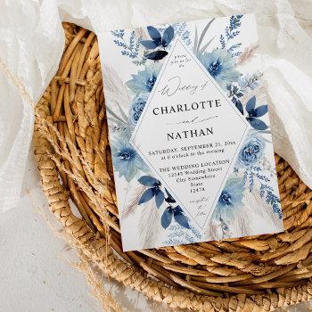 dusty blue boho floral wedding invitation