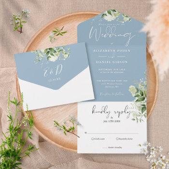 dusty blue botanical greenery monogram wedding all in one invitation