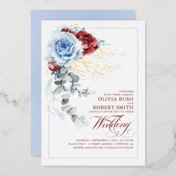 dusty blue & burgundy red floral boho wedding foil invitation
