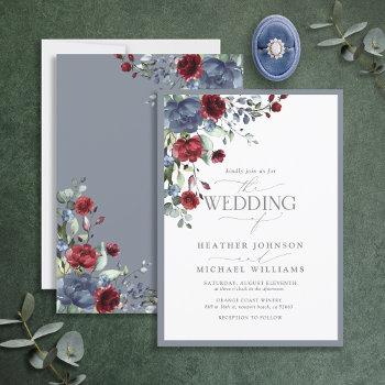 dusty blue burgundy watercolor floral wedding invitation