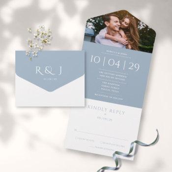 dusty blue elegant monogram photo wedding date all in one invitation