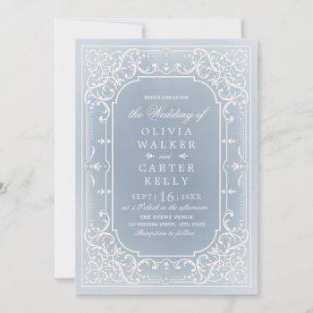 dusty blue elegant ornate romantic vintage wedding invitation