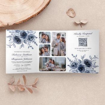 Small Dusty Blue Floral All In One Qr Code Wedding Tri-fold Front View
