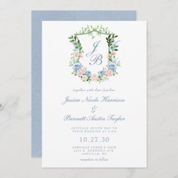 dusty blue floral crest wedding invitation
