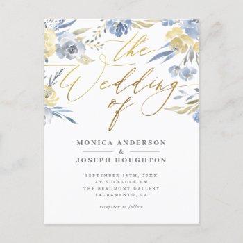 Small Dusty Blue Floral Gold Script Wedding  Post Front View