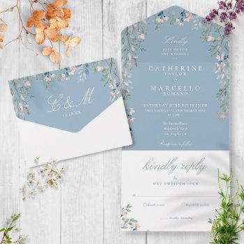 dusty blue floral greenery cascade wedding all in one invitation