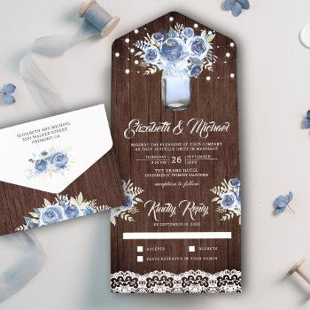 dusty blue floral lace mason jar barn wood wedding all in one invitation