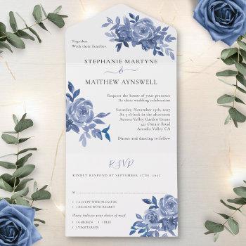 dusty blue floral roses foliage wedding all in one invitation