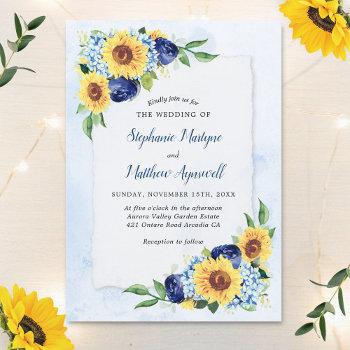 dusty blue floral sunflower watercolor wedding invitation