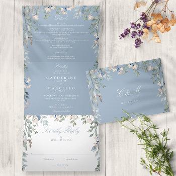 Small Dusty Blue Floral Wildflowers Photo Wedding Tri-fold Front View