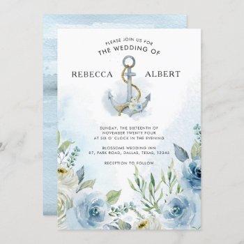 dusty blue flowers anchor wedding invitation