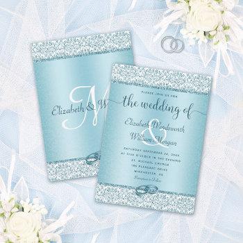 dusty blue glitter monogram wedding invitation