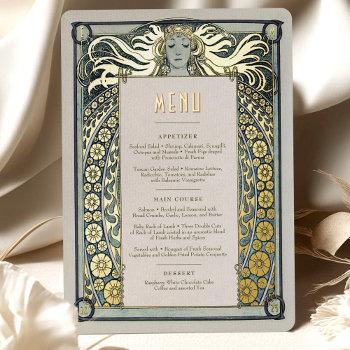 dusty blue gold art nouveau menu alphonse mucha foil invitation