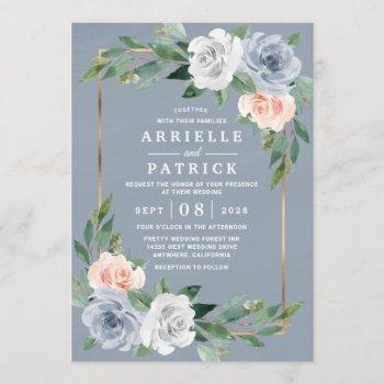 dusty blue gold blush pink peach floral wedding invitation