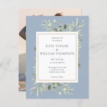 dusty blue greenery leaves wedding photo invitation postcard