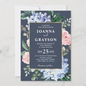dusty blue hydrangeas pastel pink roses wedding in invitation