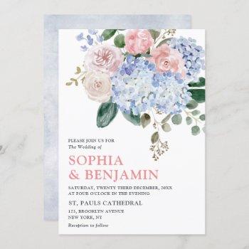 Small Dusty Blue Hydrangeas Pastel Pink Roses Wedding Front View