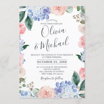 dusty blue hydrangeas pastel pink roses wedding invitation